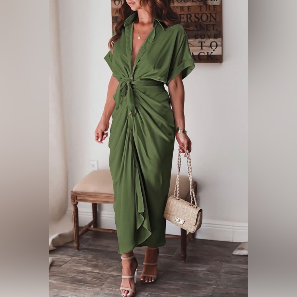 NEW Women Elegant Satin Button Down Short Sleeve Maxi Shirt Dress with Belt